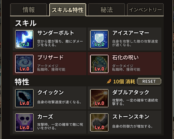 イービルハンタータウンのソーサラーのスキル&特性