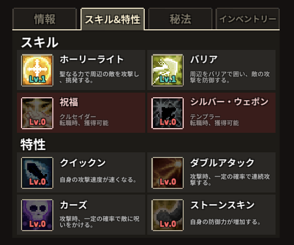 イービルハンタータウンのパラディンのスキル&特性